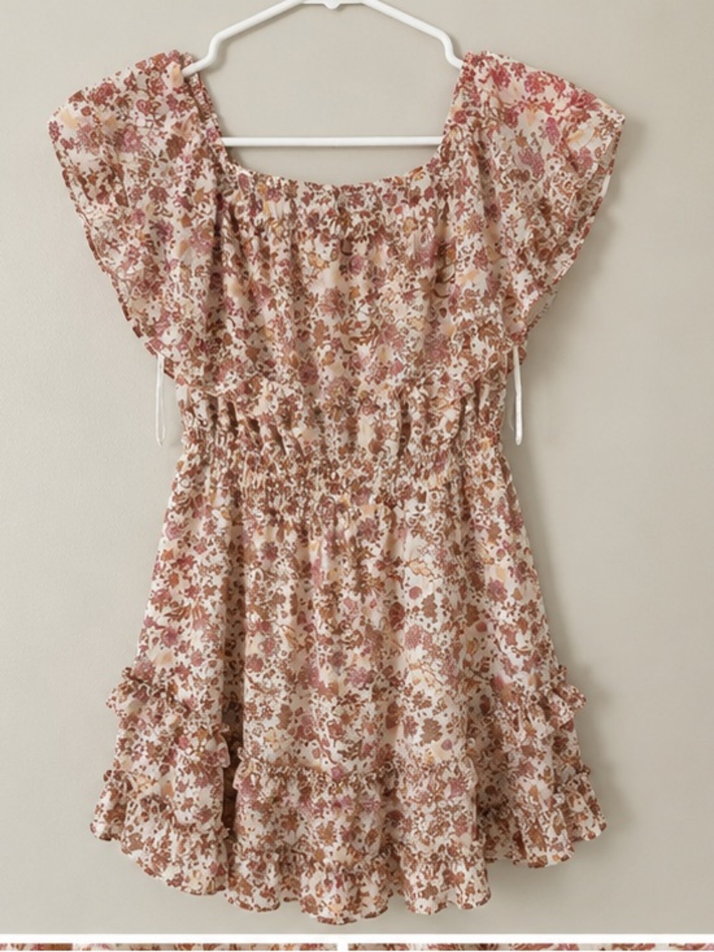 Jessica Simpson Cream Floral Mini Dress with Pink and Brown Print